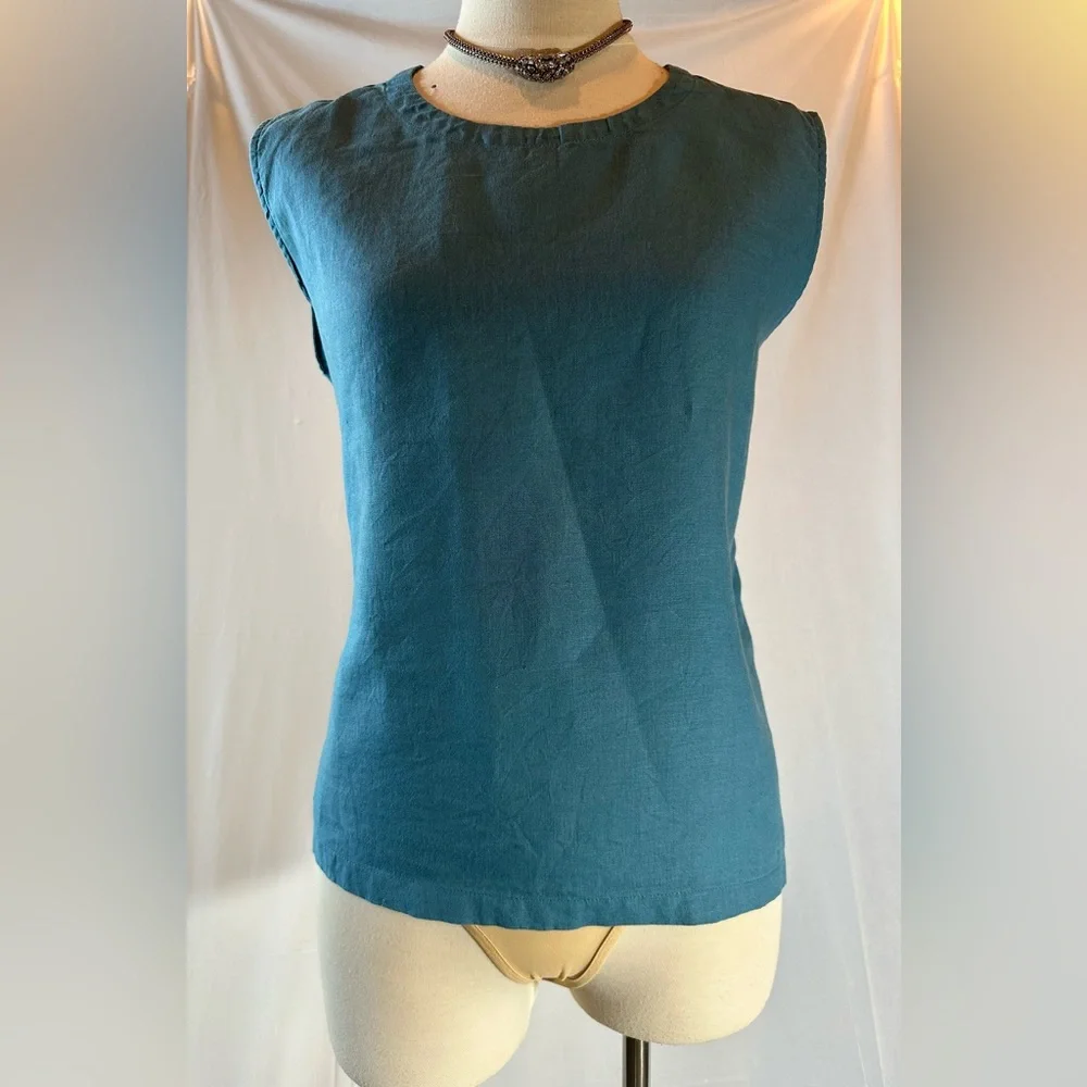 Quince Women 100% European Linen Sleeveless Spring Tank Top Teal Lg Mineral Blue - Picture 2 of 14